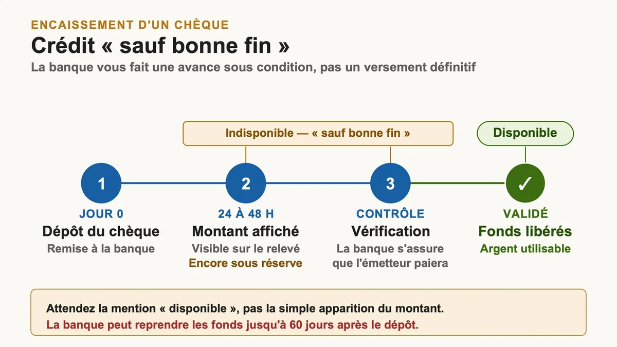 Illustration du processus d'encaissement d'un chèque avec mention du crédit "sauf bonne fin