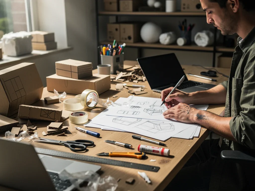 Espace de travail créatif en désordre avec prototypes en carton et matériaux de bricolage