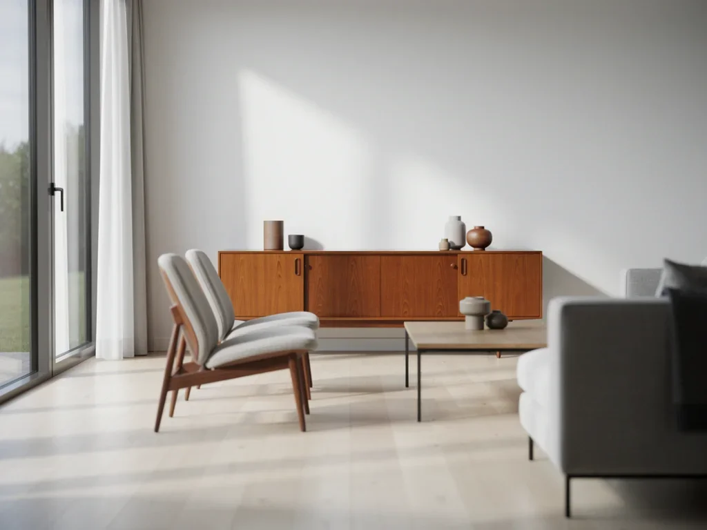 Salon contemporain avec meubles scandinaves vintage et lumière naturelle abondante
