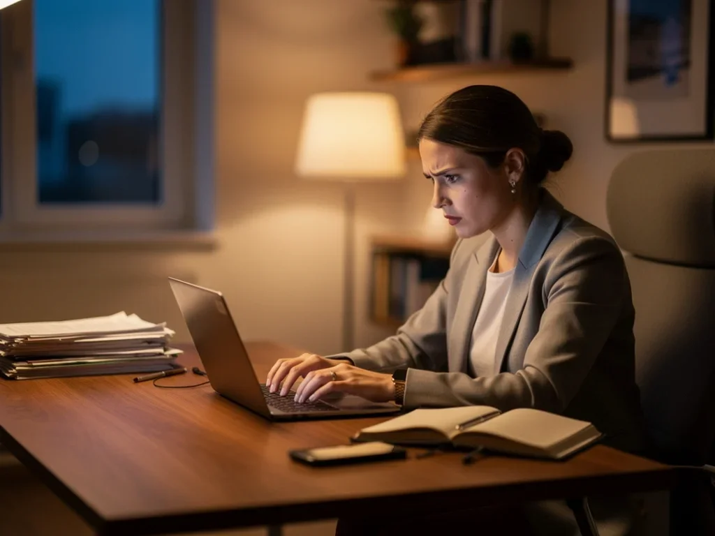 Personne assise à un bureau, tapant un email sur un ordinateur portable dans un bureau chaleureux