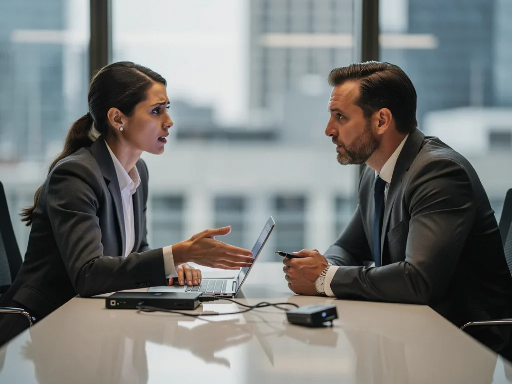 Professionnel de la vente discutant des défis du suivi électronique avec son employeur dans un bureau