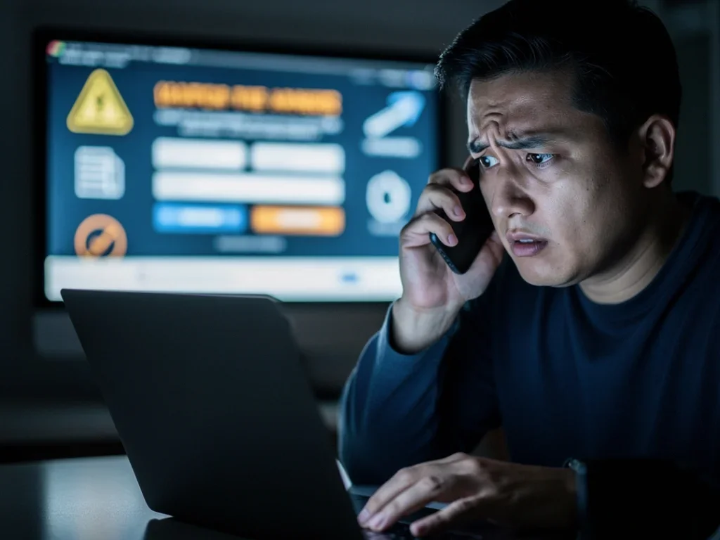 Personne au téléphone, visiblement inquiet après avoir cliqué sur un lien de phishing