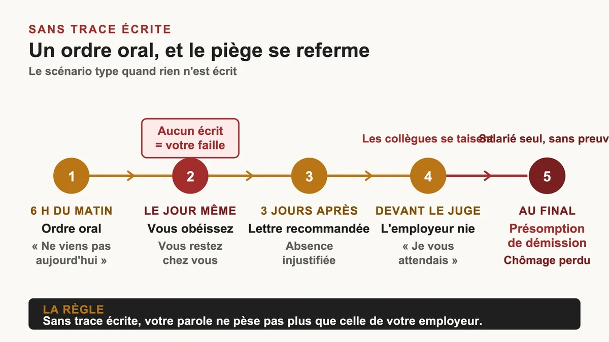 Manager s'adressant à un employé, symbolisant une situation juridique délicate sans preuves écrites