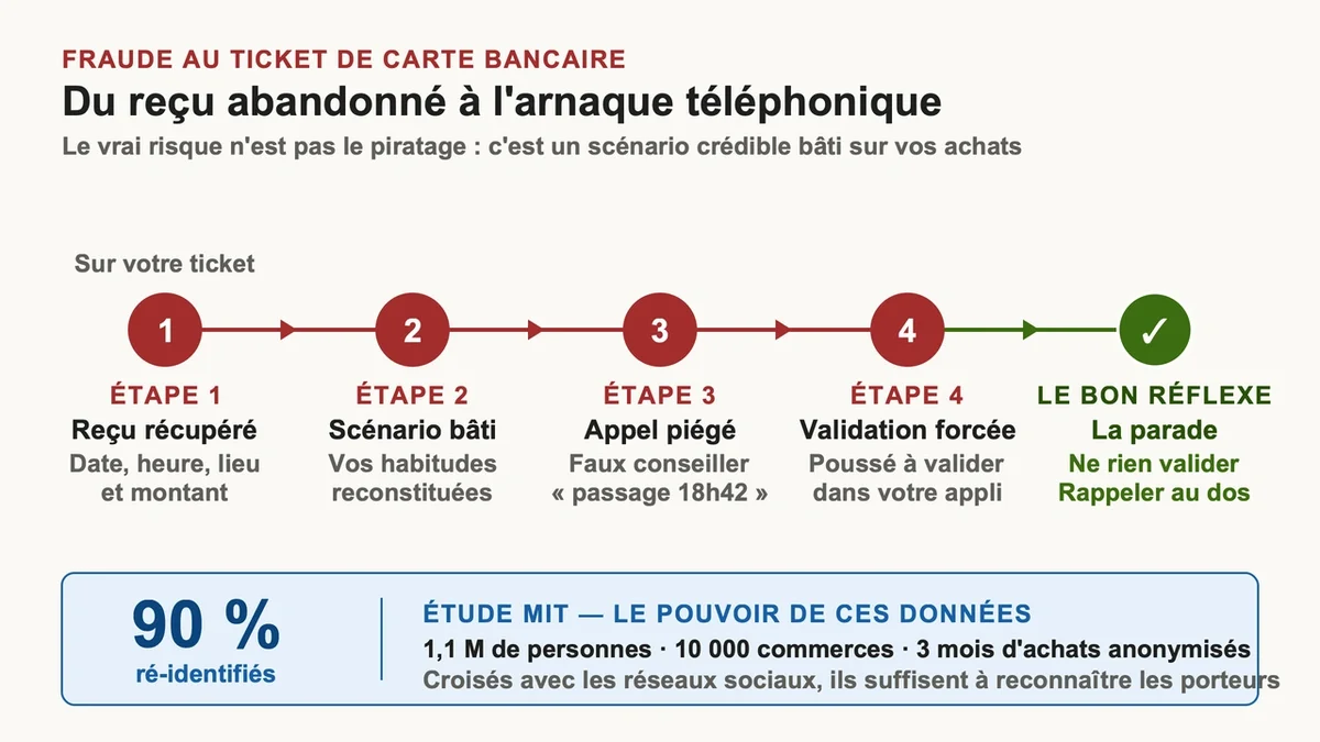 Un escroc analysant des tickets de caisse pour dérober des informations personnelles