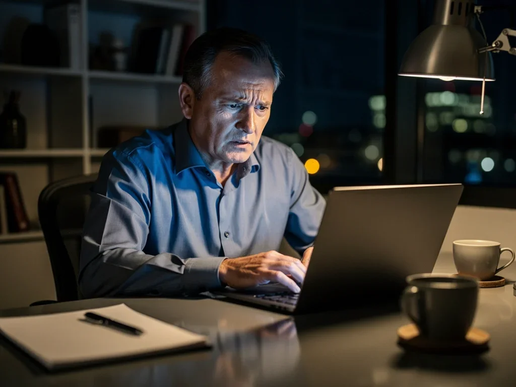 Personne assise à un bureau, écrivant un email avec un air inquiet pour sa sécurité professionnelle
