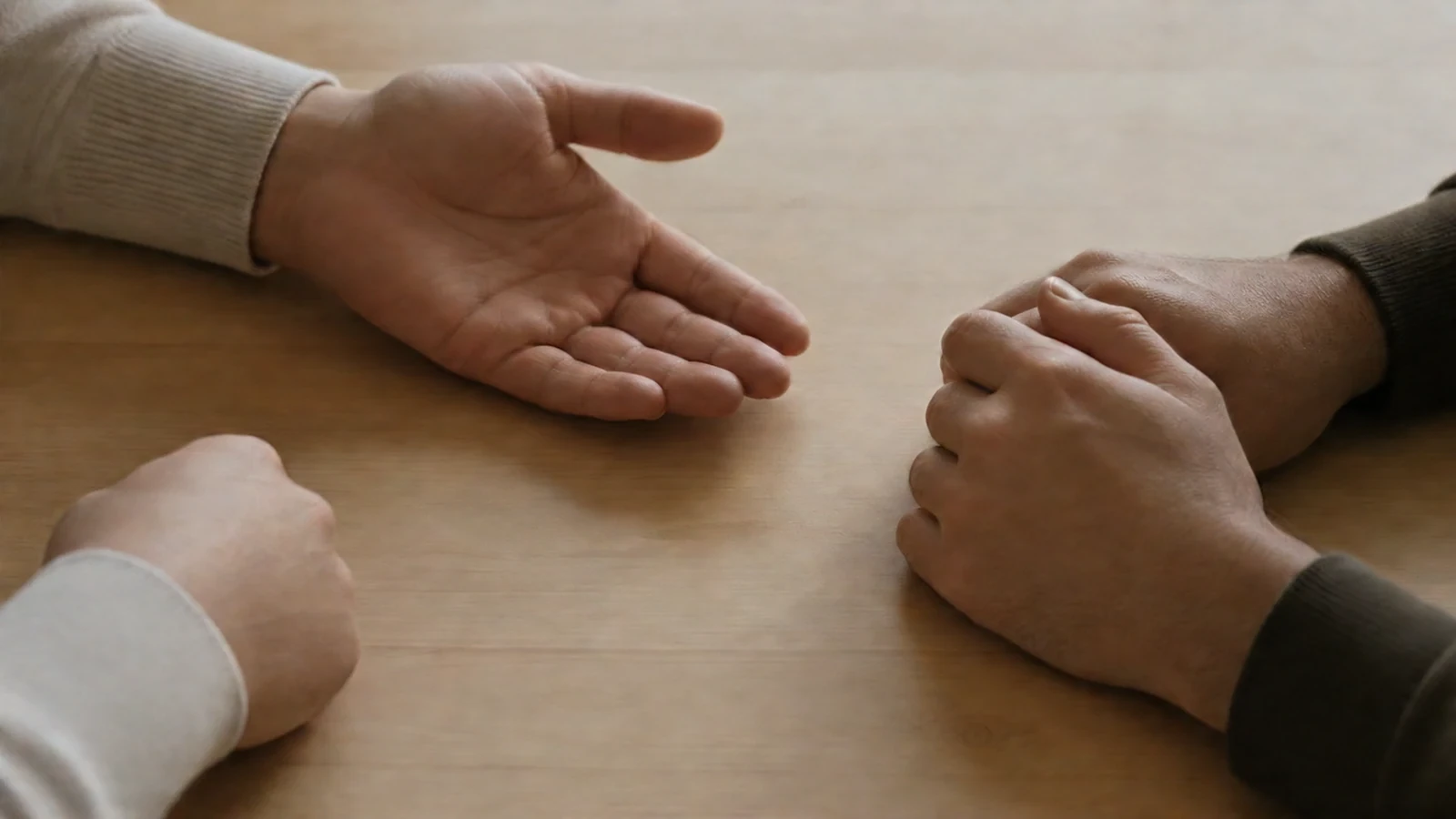 Une main tendue paume ouverte face à une autre main hésitante posée sur une table